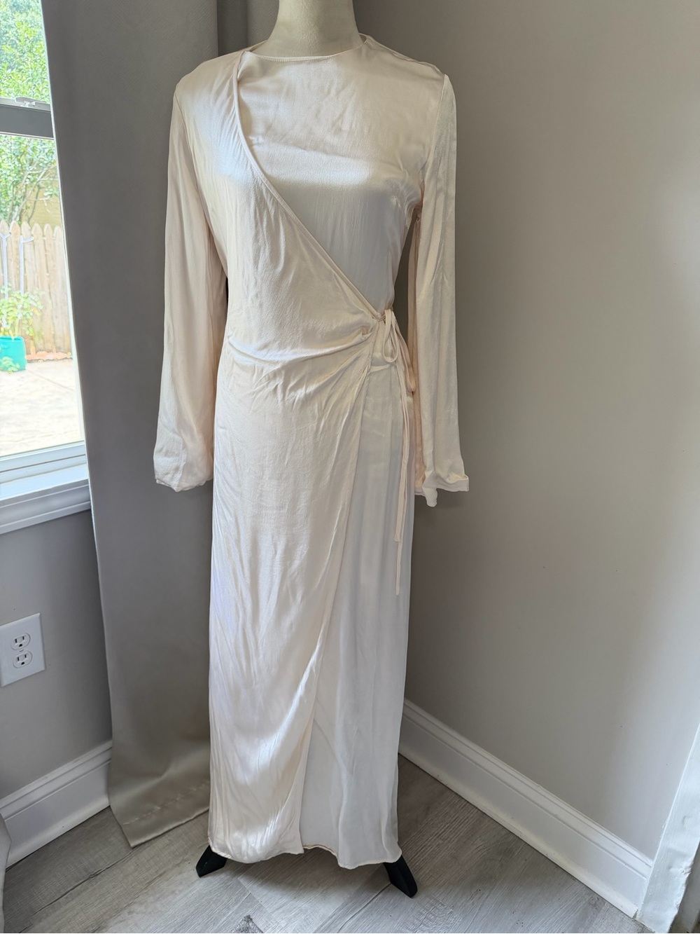 Elegant Cream Maxi Wrap Dress with Long Sleeves